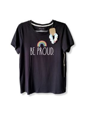Women Pride Month BE PROUD Black Tee Shirt Top M Rainbow LGBTQ Scrunchie NEW